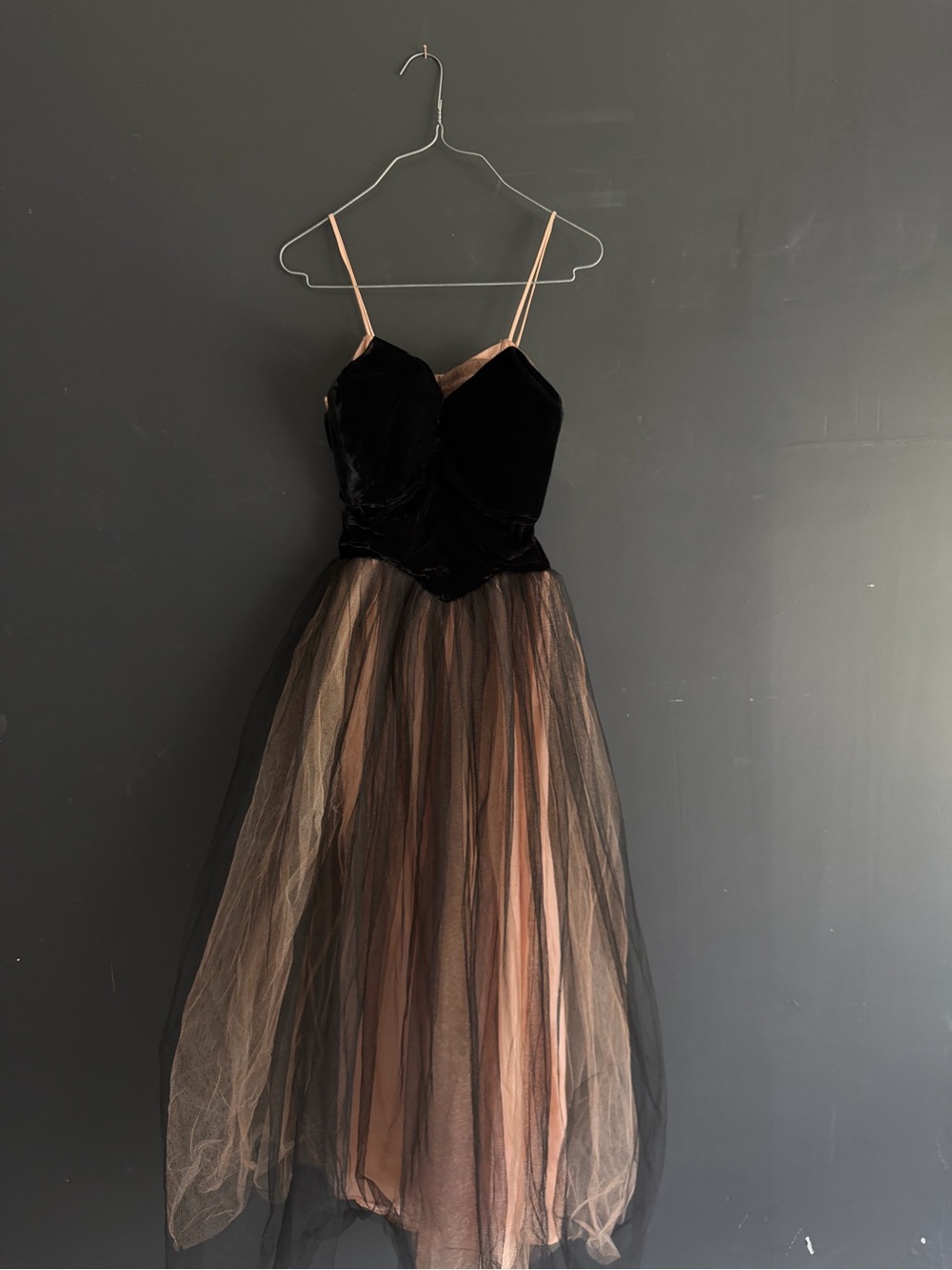1940s Black Velvet & Nude Tulle Prom Dress